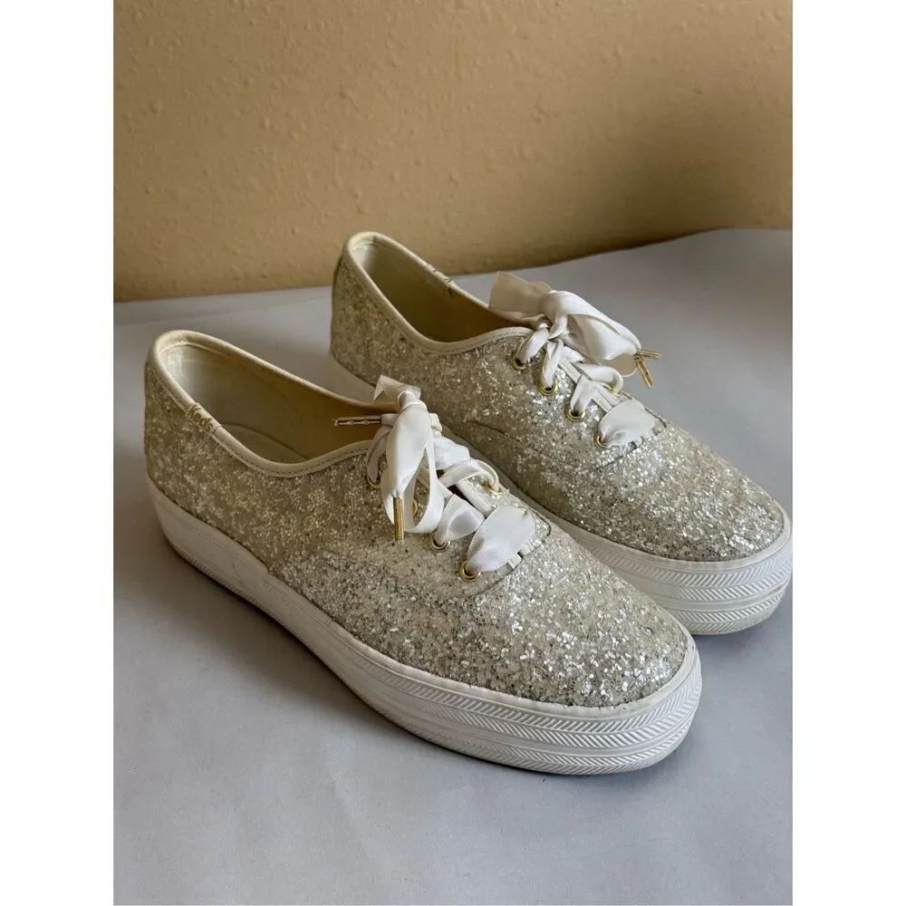Keds x Kate Spade Glitter Sneakers Cream Ribbon Lace Womens 7